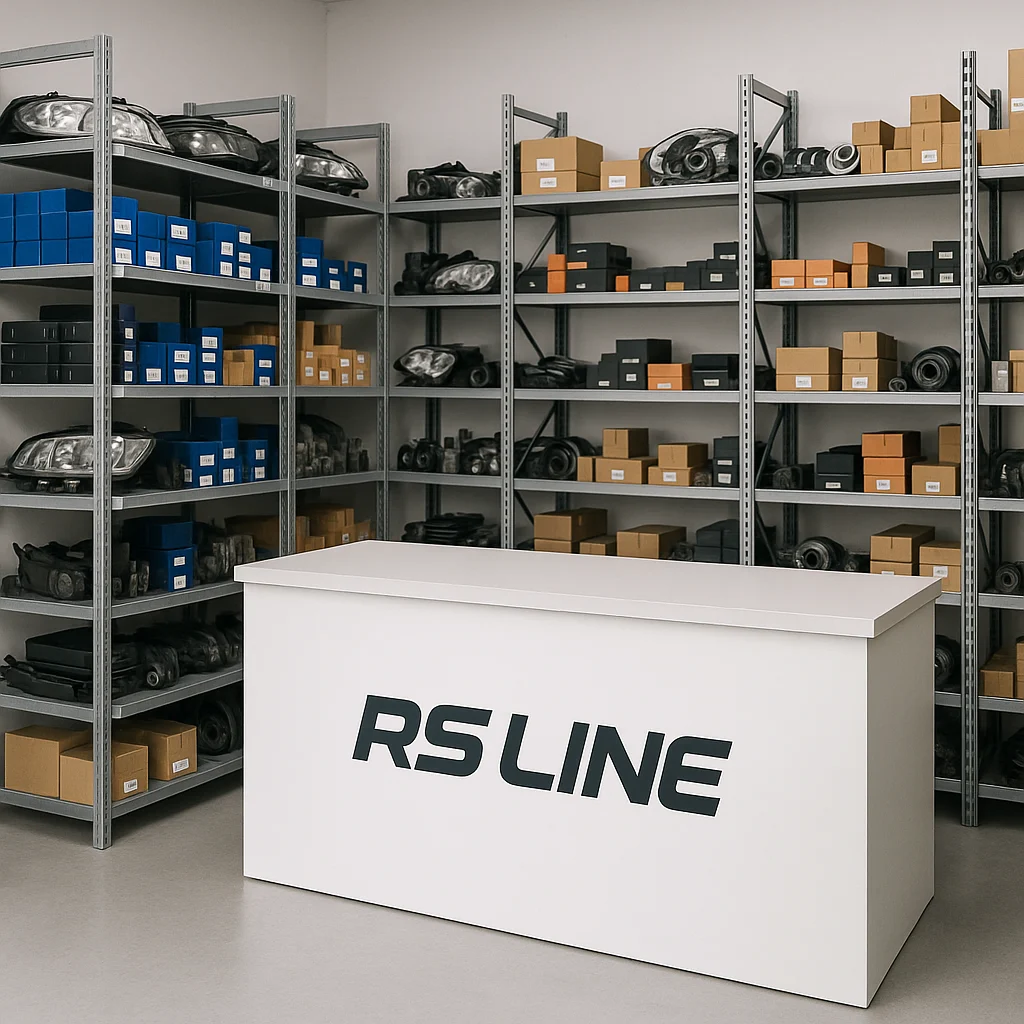 Lijepo skladište autodijelova s RS Line logom na pultu