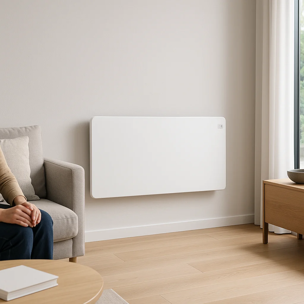 AI placeholder za tanki zidni panelni električni radijator u modernom interijeru