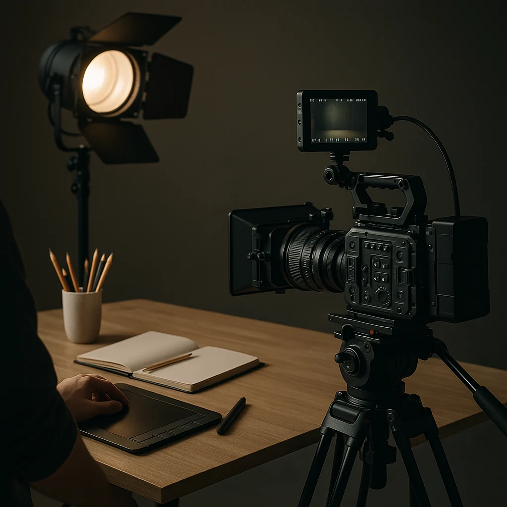 Kreativni set s filmskom kamerom i studijskom rasvjetom
